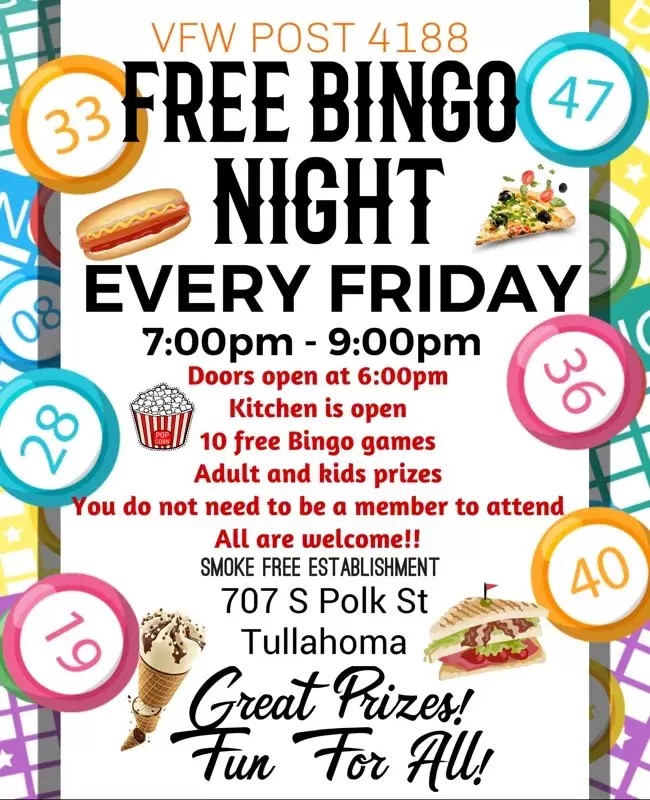 Free bingo night for families and friends at the Tullahoma TN VFW